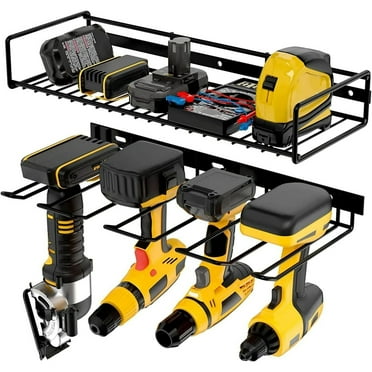 Power Tool Organizer, 2 Layers Storage Rack, 4 Drill Holders, Garage Storage Shelving Wall Mounted