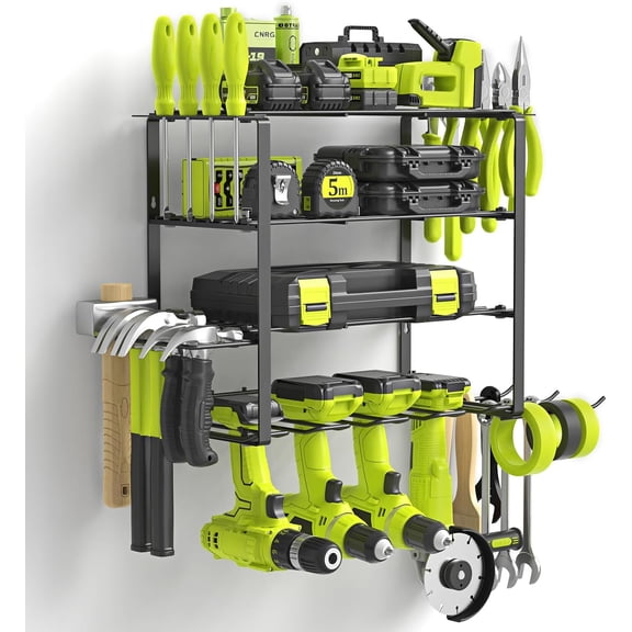 Power Tool Organizer, 4 Drill Holder Wall Mount, Garage Tool Organizer and Storage with Screwdriver Holder, Garage Organization, 4 Layer Cordless Drill Holder with Hammer Holder