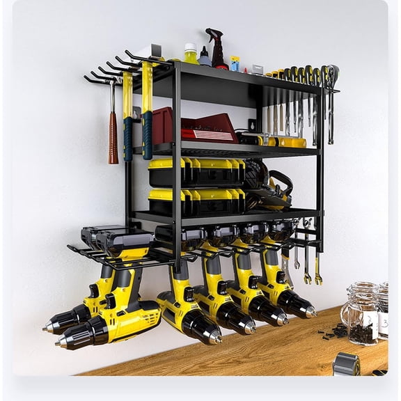 Power Tool Organizer 4 Layer Drill Holders Wall Mount Heavy Duty Metal Organizers and Storage Rack for Garage Organization Tools Shelves with Screwdriver Plier Hammer Holder