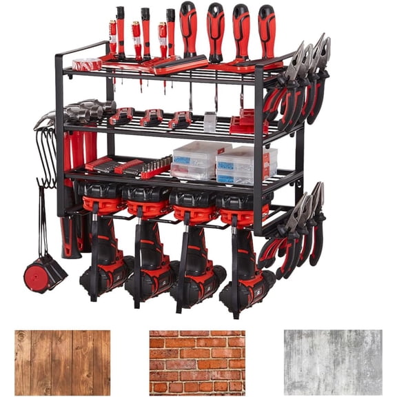 Power Tool Organizer, 4 Layers Heavy Duty Metal Shelf, Drill Holder Wall Mount, Utility Storage Rack for Cordless Charging Station Screwdriver, black