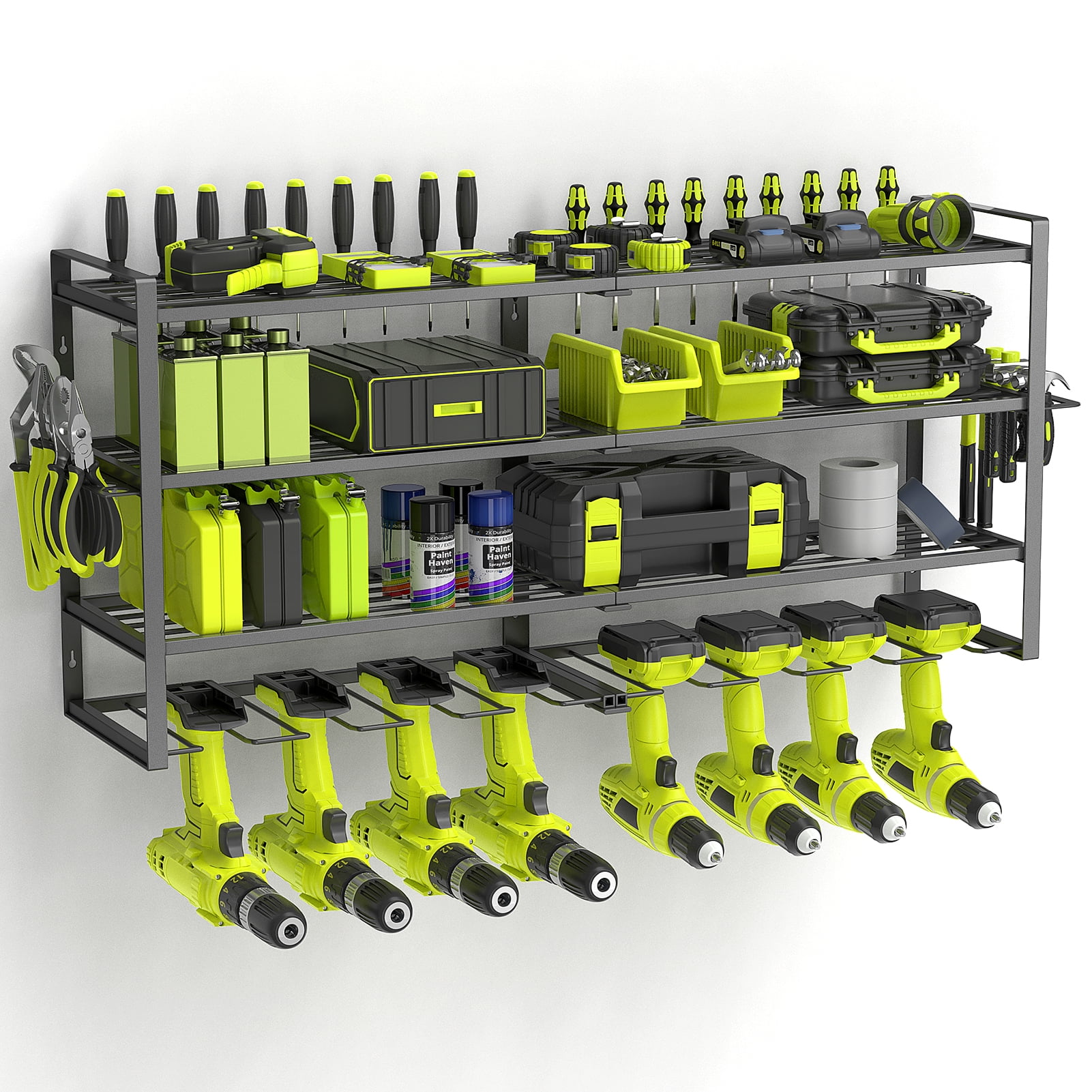 Yeabett Power Tool Organizer, 4 Layers Storage Rack with 8 Drill Holders, Heavy Duty Metal Floating Tool Shelf Garage Wall Mounted with Screwdriver Holder/Plier Holder/Hammer Holder