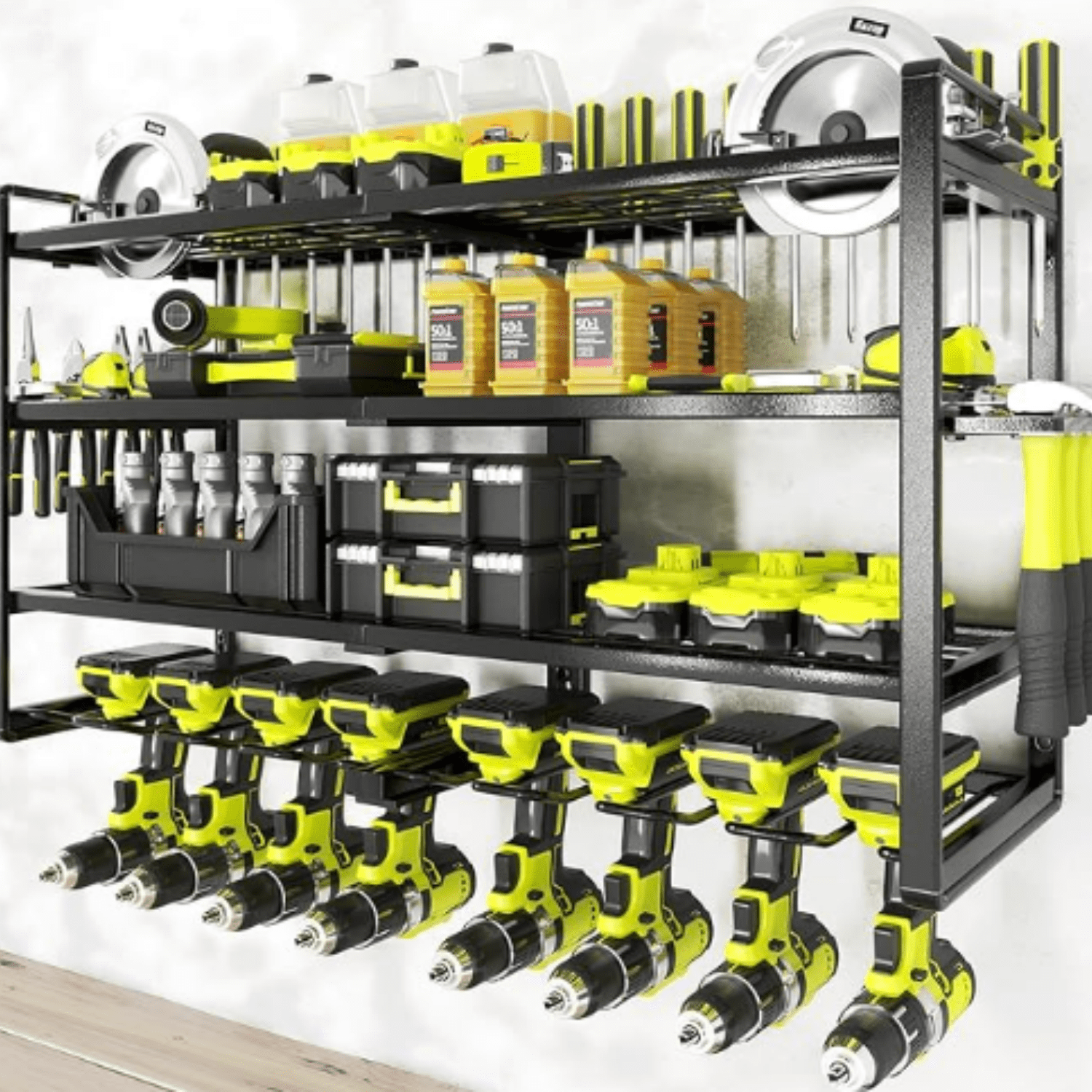 Power Tool Organizer-8 Drill Holder Wall Mount,4 Layer Heavy Duty Metal Power Tool Storage Rack,Garage Tool Organizer and Storage with Screwdriver Holder/Plier Holder/Hammer Holder