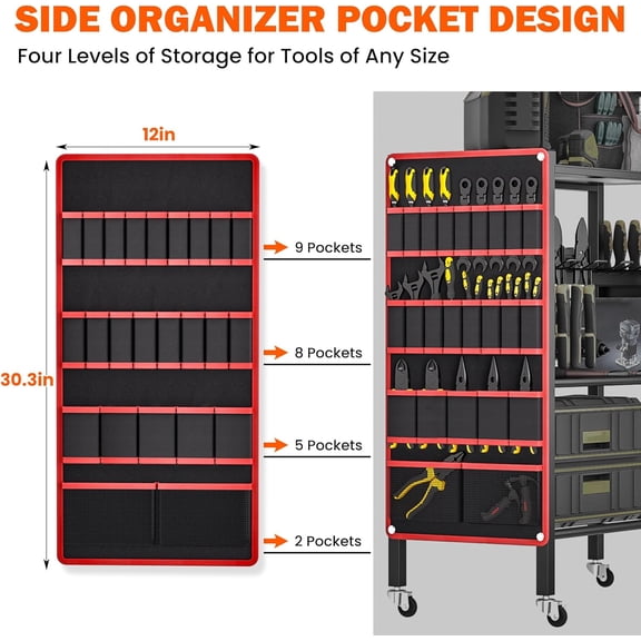 Power Tool Organizer Cart, 4-Tier Rolling Tool Storage Stand with Wheels, Garage Floor Tool Holder with Side Storage Pockets, Gift for Men$$