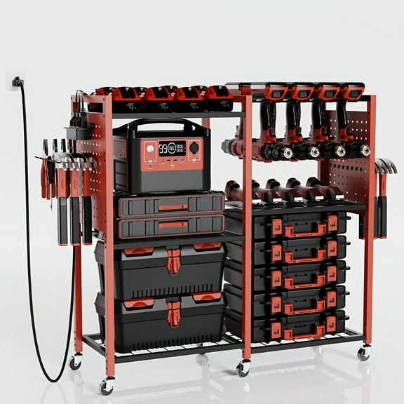 Power Tool Organizer Cart with Charging Power Strip, 700LBS Heavy Duty Rolling Tool Cart with 12-Drill Rack, 3-Tier Adjustable Height Garage Storage, Metal Cart with Wheels, Gifts for Men (Red)