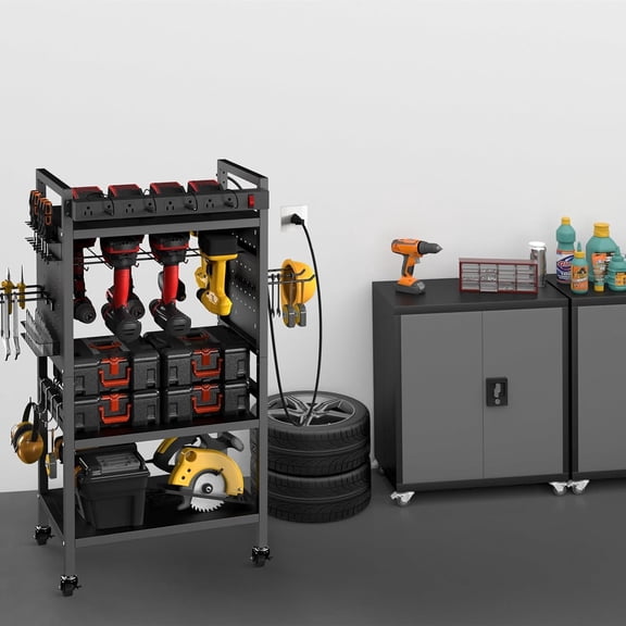 Power Tool Organizer Cart with Charging Station, 4-Tier Rolling Tool Cart for Garage Storage,Heavy-Duty Floor-Standing Storage Rack with 8-Outlet Power Strip,Supports 500 lbs