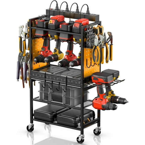 Power Tool Organizer Cart with Charging Station, Garage Floor Rolling Storage Cart on Wheels for Mechanic, Mobile 6 Drill, Tool Box Utility Cart with Power Strip, Yellow
