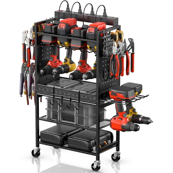 Power Tool Organizer Cart with Charging Station, Garage Floor Rolling Storage Large Cart on Wheels for Mechanic, Mobile 6 Drill, Tool Box Utility Cart with Battery Charging Power Strip, Black