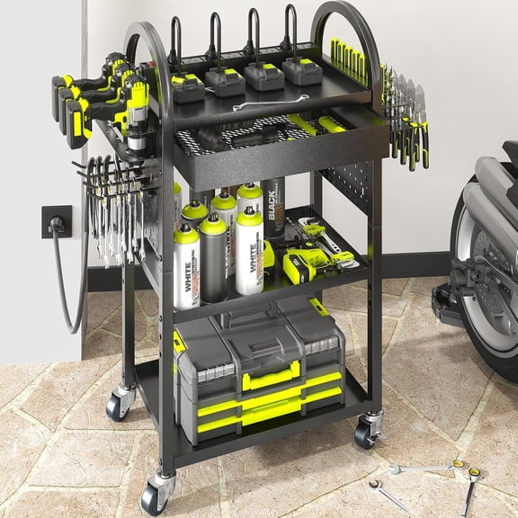 Power Tool Organizer Cart with Charging Station,Garage Floor Rolling Storage on Wheels for Mechanic,Mobile 8 Drill Holder, Utility Cart with Battery Charging 8 Outlet Power Strip