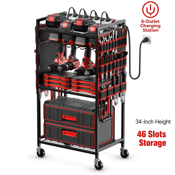 VILONG Large Power Tool Organizer Cart with Charging Station,140Lbs Load Capacity,Garage Floor Standing Rolling Drill Holder & Tools Battery Storage,Heavy Duty Utility Rack Shelf,Black