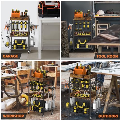 Tools Rack Movable Power Tool Organizer Cart with Charging Station, Movable Garage Tools ...