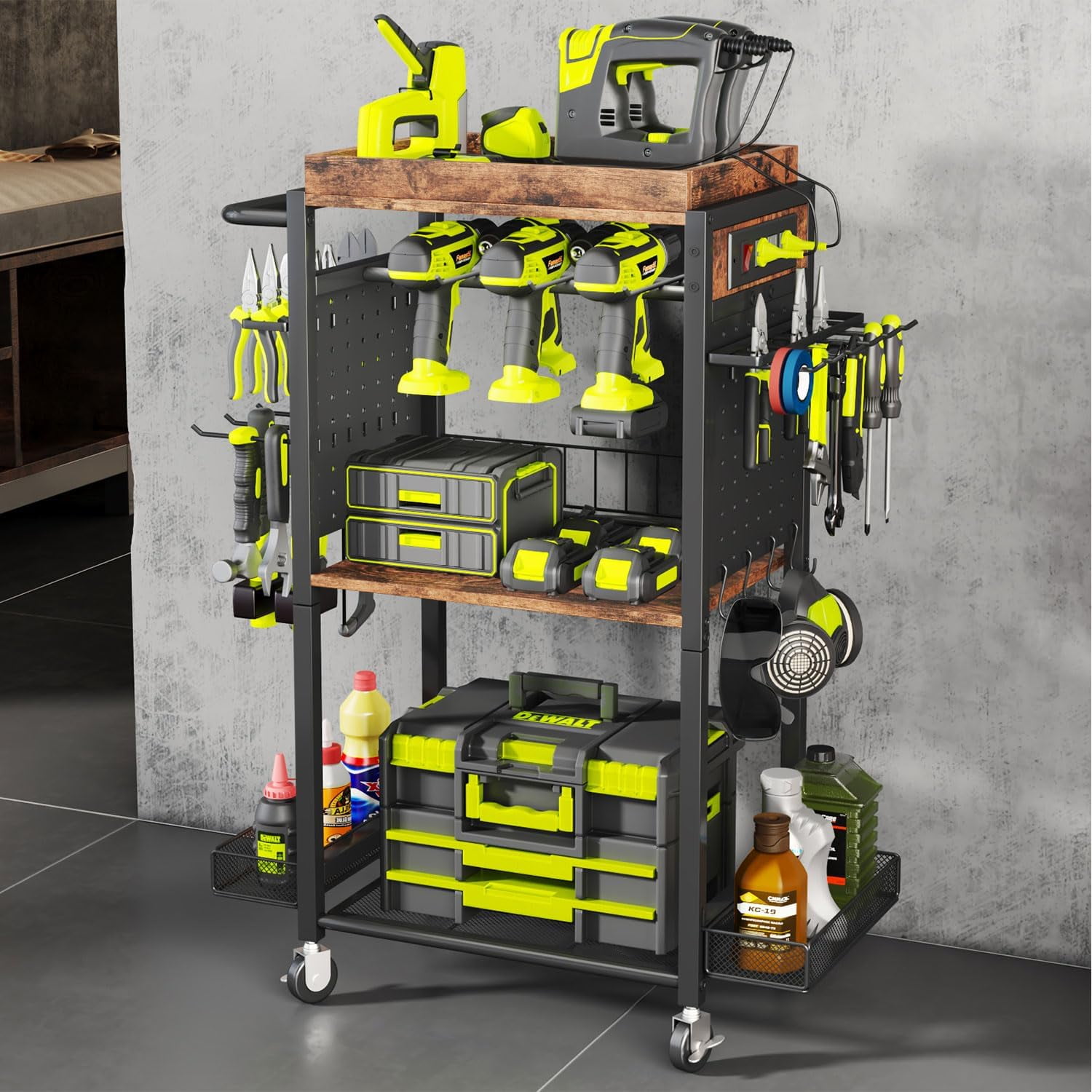 Power Tool Organizer Cart Garage Storage Rolling Storage Cart on Wheels with Charging Station Tool Storage Organizer Drill Holder Workshop Garage