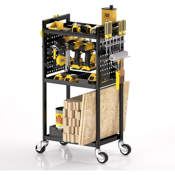 Power Tool Organizer Cart, Rolling Tool Rack with Wheels, Garage Storage Heavy Duty Metal Utility Shelf, Cordless Drill Holder with Pegboard for Workbench Woodworking, Gift for Men, Black