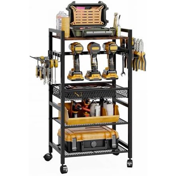 Power Tool Organizer Cart with 4 Wheels,Heavy Duty Utility Rack whth 6 Hooks,Floor Standing Rolling Tool Cart,Black$$Office