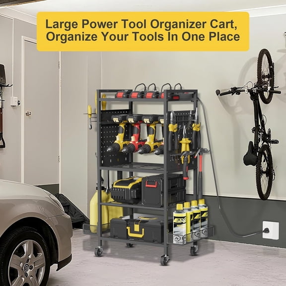 Power Tool Organizer Cart with Charging Station, Heavy Duty Garage Tool Storage Rolling Rack with 8-Outlet Power Strip, 4 Lockable Wheels, Black