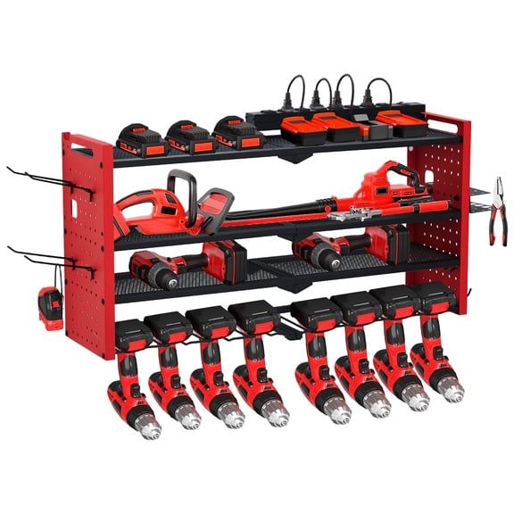 Power Tool Organizer with Charging Station, 3-Tier Drill Storage Rack with 4 Drill Slots & Side Pegboard, Garage Tool Rack with 8-Outlet Power Strip for Garage, Workbench, and Workshop