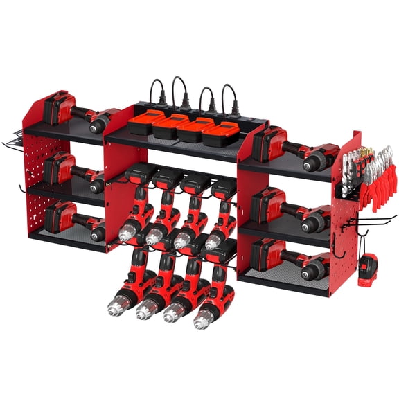 Power Tool Organizer with Charging Station, 3-Tier Drill Storage Rack with 4 Drill Slots & Side Pegboard, Garage Tool Rack with 8-Outlet Power Strip for Garage, Workbench, and Workshop