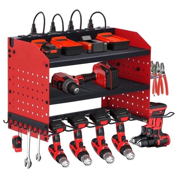 Power Tool Organizer with Charging Station, 3-Tier Drill Storage Rack with 4 Drill Slots & Side Pegboard, Garage Tool Rack with 8-Outlet Power Strip for Garage, Workbench, and Workshop