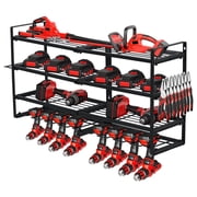 Power Tool Organizer with Charging Station, 3-Tier Drill Storage Rack with 4 Drill Slots & Side Pegboard, Garage Tool Rack with 8-Outlet Power Strip for Garage, Workbench, and Workshop