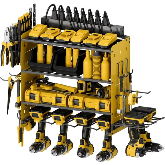 Power Tool Organizer with Charging Station, 4 Layers Garage Storage Rack with 6 Drill Holders, Father's Days Gift For Dad, Wall Mount Garage Organizer Built in 8 Outlets Power Strip, Yellow