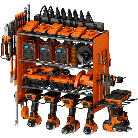 Power Tool Organizer with Charging Station, 4 Layers Garage Storage Rack with 6 Drill Holders, Father's Days Gift For Dad, Wall Mount Garage Organizer Built in 8 Outlets Power Strip, Orange