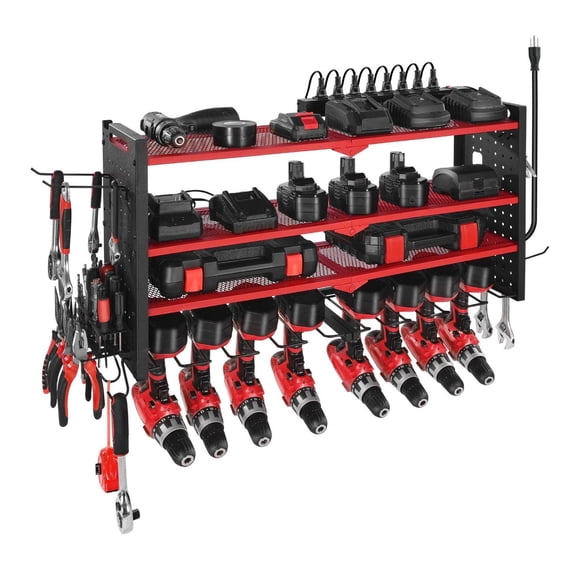 Power Tool Organizer with Charging Station, 4-Tier Drill Holder Rack with Pegboard, Garage Tool Storage for Workbench & Workshop, 8 Outlet Power Strip