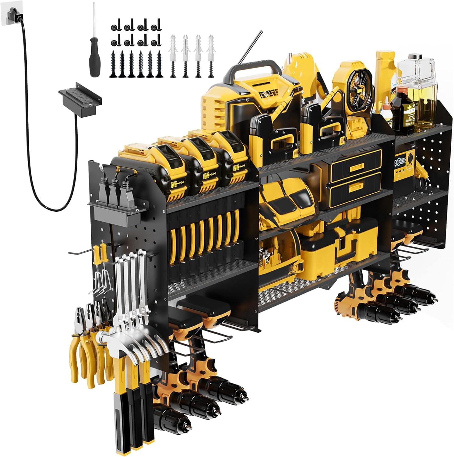 Power Tool Organizer Wall Mount With Charging Station, 8 Drills Holder Garage Wall Tool Organizer With 4 Pegboard Hooks, 6.5FT Outlet Power Strip, 45.5" Heavy Duty Garage Organization For Mens Gifts - View #11