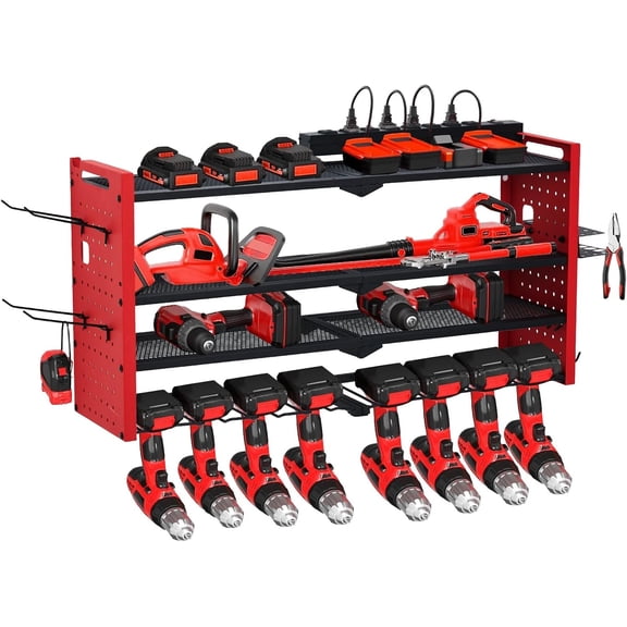Power Tool Organizer, Drill Holder Wall Mount with Charging Station, Heavy Duty 4-Layer Garage Rack Metal Loads 400Lbs, 8 Drill Storage Shelf with Hooks, Drill Bit Shelf Battery Storage for Garage
