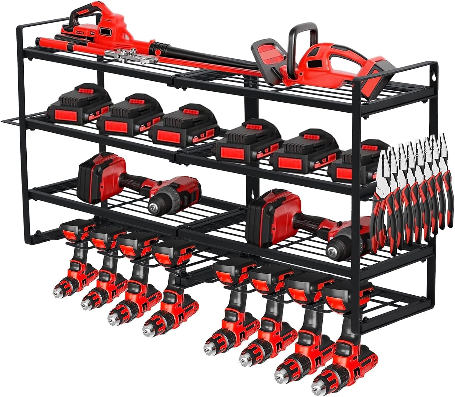 Power Tool Organizer, Drill Holder Wall Mount, Heavy Duty 4-Layer Drill Storage Shelf Loads 400Lbs, 8 Drill Holders and Drill Bit Rack, Utility Power Tool Storage for Garage Workbench