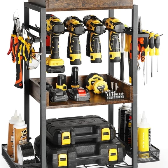 Power Tool Organizer Garage Storage Organization Shelving Tool Holder Drill Rack Shelf Rolling Cart Open Tool Chest Cabinet Box Organizer with Wheels Workshop Garage Gift Ideas for Men Dad