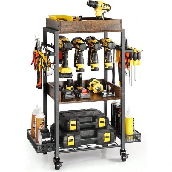 Power Tool Organizer Garage Storage Organization Shelving Tool Holder Drill Rack Shelf Rolling Cart Open Tool Chest Cabinet Box Organizer With Wheels Workshop Garage Gift Ideas For Men Dad