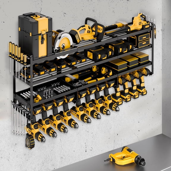 Power Tool Organizer, Heavy Duty 4-Tier Wall Mount, 12 Drill Holders, 600 lbs Capacity, 49 x 15 inch