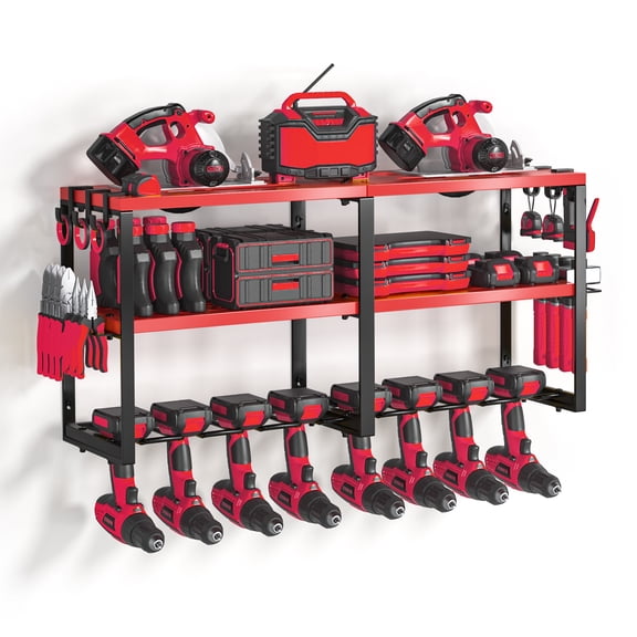 Power Tool Organizer, Heavy Duty Cordless Tool Organizer 8 Drill Holder, 3 Layer Garage Organization for Storage Rack, 150Lbs Load Capacity, Red