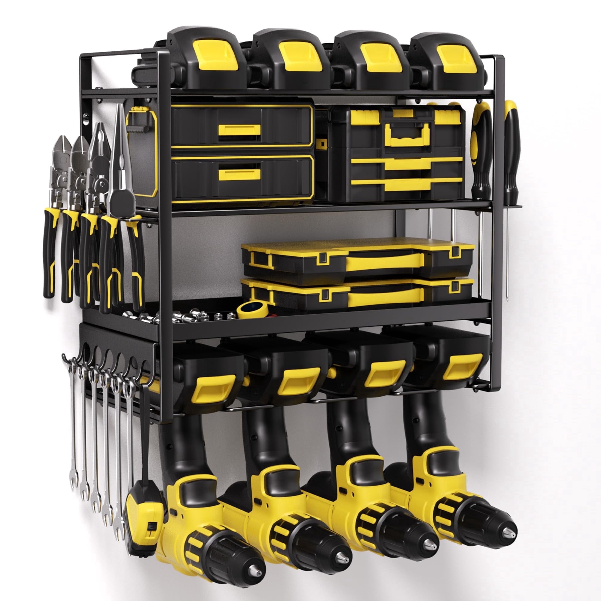 Heavy Duty Power Tool Organizer 400LB Capacity - Metal 4-Tier Wall Mount Garage Tool Storage with Drill Holder, Screwdriver & Pliers Rack, Black