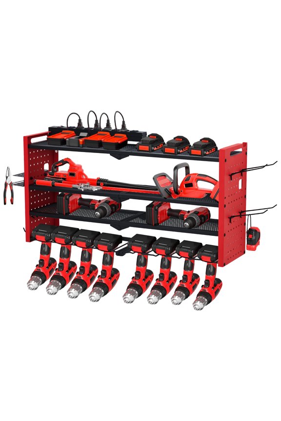 Power Tool Organizer Wall Mount, 3/4-Layer Metal Rack with 4/8-Slot Drill Holder, Hooks, Built-in Outlet Charging Station, Garage Storage Shelf