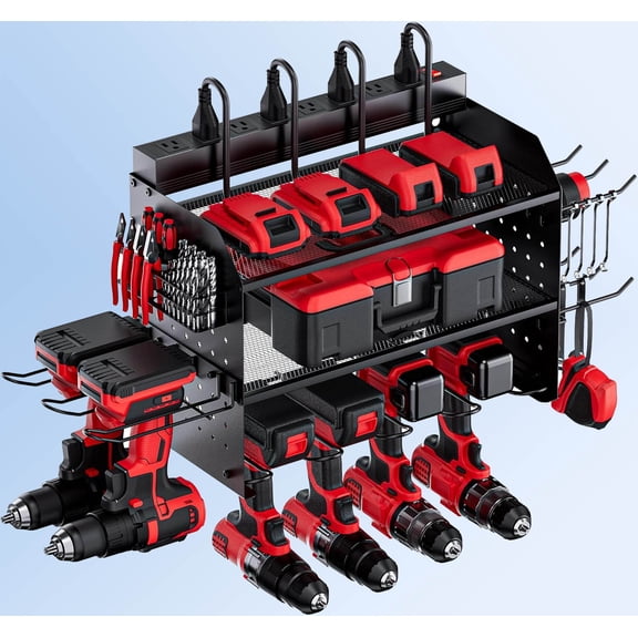 Power Tool Organizer Wall Mount, 3-Layer Charging Station with 8 Outlets, 6 Drill Holders and Drill Bit Rack for Garage, Workbench, and Workshop