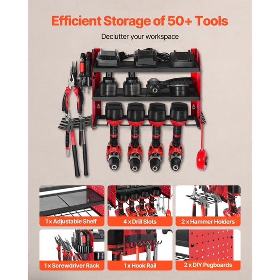 Power Tool Organizer Wall Mount,3-Layer Storage Rack with 4 Drill Holders,Tools Holder&Storage Rack with Side Pegboards,Garage Tool Organizer for Garage,Workbench,and Workshop
