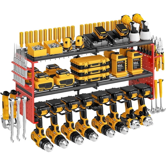 Power Tool Organizer Wall Mount, 300Lbs Load 3 Layer Tool Shelf with 8 Drill Holders, Garage Workshop Storage for Cordless Tools Screwdrivers(Red)