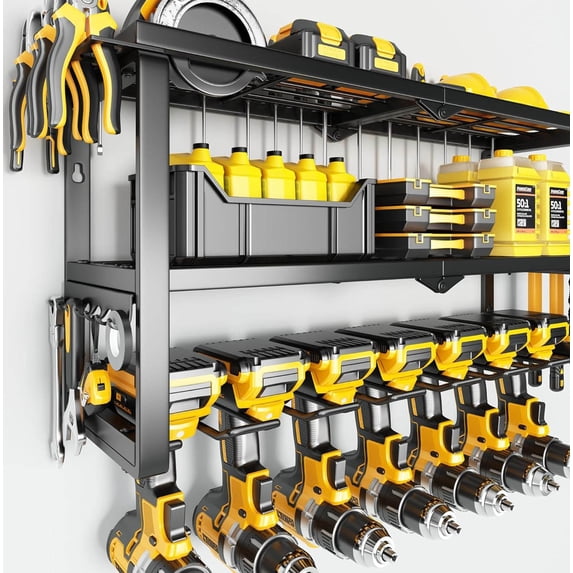 Power Tool Organizer Wall Mount - 300Lbs Load Storage Rack with Drill Holders for Drills Cordless Tools. Heavy Duty Iron Garage Tool Organizer Storage for Workshop Shed Pegboard Basement