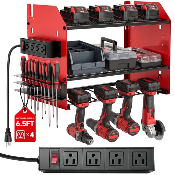 CATGOOD Power Tool Organizer Wall Mount with 4-Outlet Charging Station, Max Load 200lbs, 3 Layer Power Tool Rack, 4 Cordless Drill Holders for Garage, Red