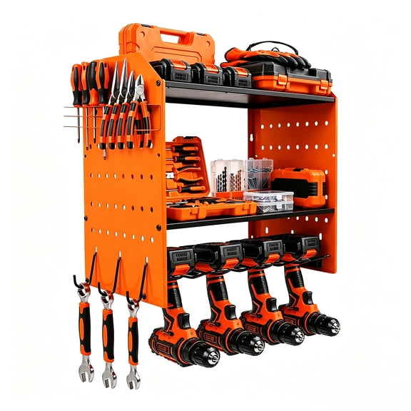 Power Tool Organizer Wall Mount, 4-Layer Drill Storage Shelf with Hooks,Screwdriver,Drill Bit Heavy Duty Rack Orange