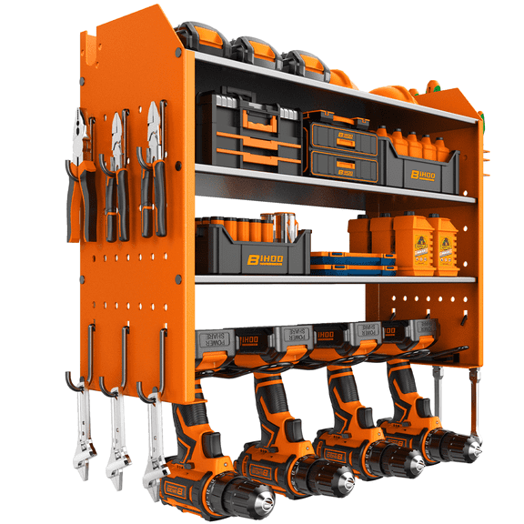 Power Tool Organizer Wall Mount, 4-Layer Drill Storage Shelf with Hooks,Screwdriver,Drill Bit Heavy Duty Rack Orange