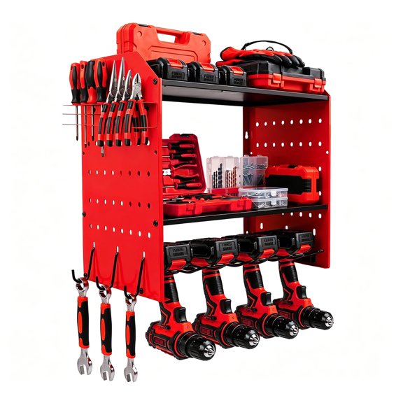 Loonpon Power Tool Organizer Wall Mount, 4-Layer Drill Storage Shelf with Hooks,Screwdriver,Drill Bit Heavy Duty Rack Red