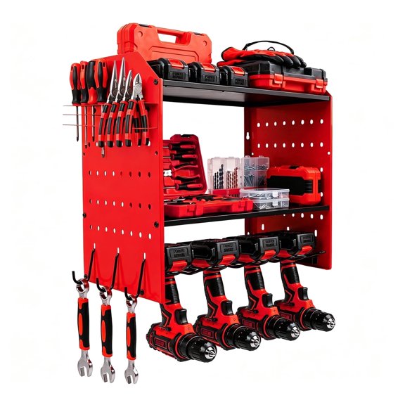 Loonpon Power Tool Organizer Wall Mount, 4-Layer Drill Storage Shelf with Hooks,Screwdriver,Drill Bit Heavy Duty Rack Red
