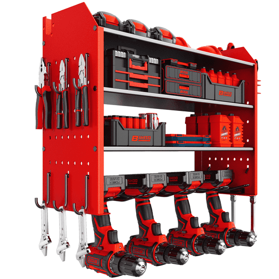 Loonpon Power Tool Organizer Wall Mount, 4-Layer Drill Storage Shelf with Hooks,Screwdriver,Drill Bit Heavy Duty Rack Red