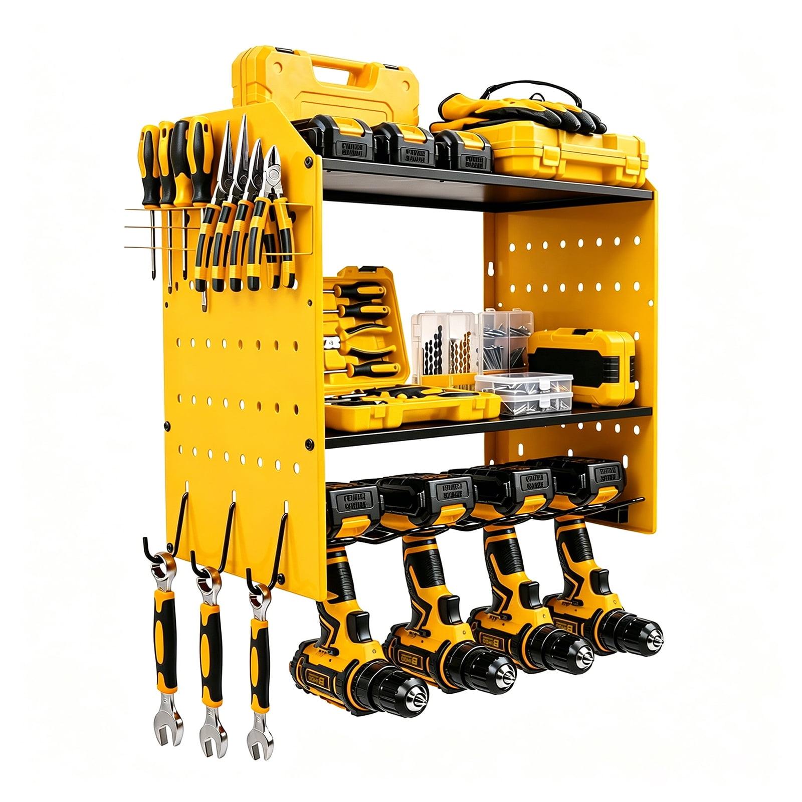 Power Tool Organizer Wall Mount, 4-Layer Drill Storage Shelf with Hooks,Screwdriver,Drill Bit Heavy Duty Rack Yellow