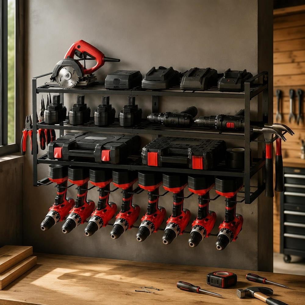 Power Tool Organizer, Wall Mount 4-Layer Garage Storage Rack with 8 ...