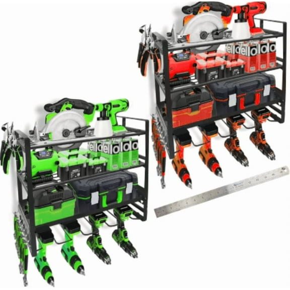 (2 Pack) Power Tool Organizer Wall Mount, 4-Layer Heavy-Duty Tool Storage Shelf, 4 Drill Holder Wall Mount Tool Rack with Screwdriver, Plier, and Hammer Holders for Garage Workshop