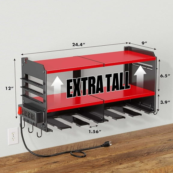 Power Tool Organizer Wall Mount with 4-Outlet Power Strip, Heavy Duty Metal Storage Rack for Garage, Holds 6 Drills & Batteries - Ideal Christmas Gifts for Men, Dad, Husband from Wife