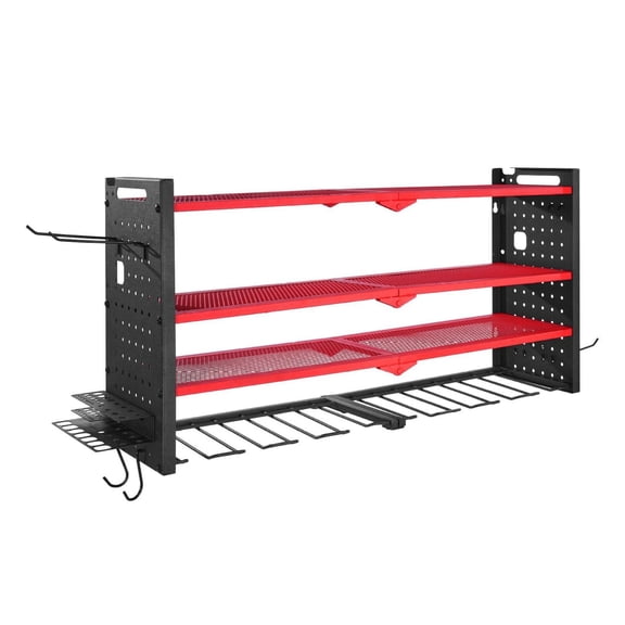 Power Tool Organizer Wall Mount - 4-Tier Garage Storage Rack with Drill Holders & Pegboard - Workbench Tool Holder for Workshop, Garage, & Home - 240lbs Capacity