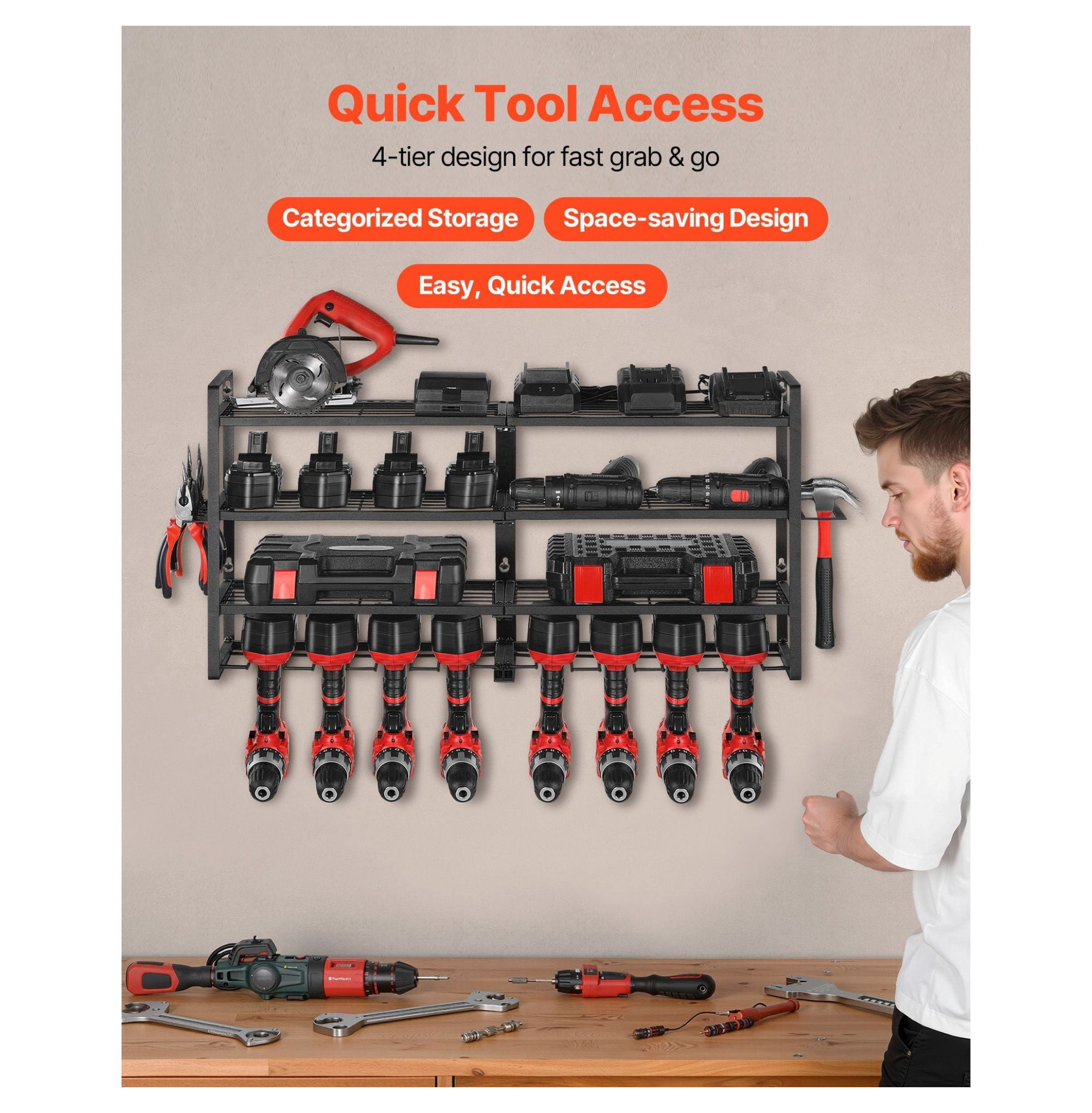 Power Tool Organizer Wall Mount, 4-Tier Garage Tool Storage Rack with 8 Drill Holders, Screwdriver Holder, Workshop Tool Organizer for Workbench